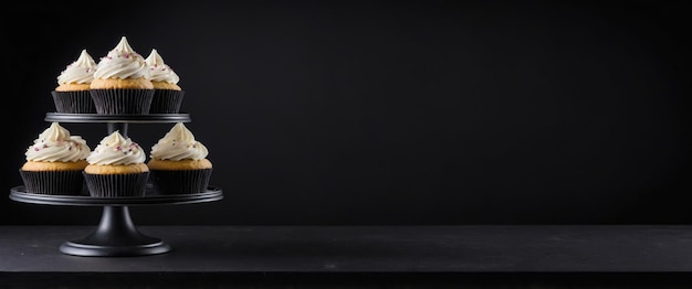 Photo a stylish cupcake stand showcasing delightful treats against a sleek black background