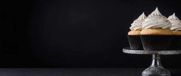 Photo a stylish cupcake stand showcasing delightful treats against a sleek black background