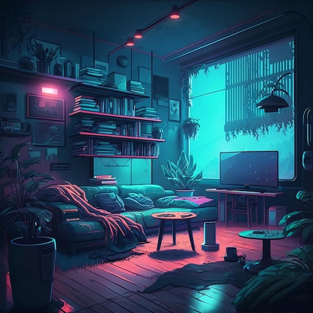 Stylish Cyberpunk Apartment Living Room Interior Concept Art Illustration Generative AI