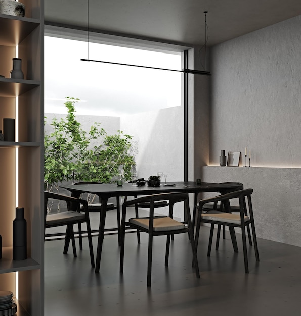 Stylish dark kitchen interior with dining area and window 3d rendering