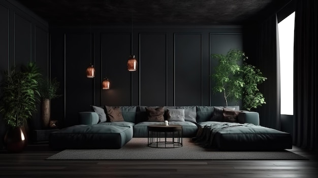 Stylish dark living room interior with gray sofa mock up Generative Ai