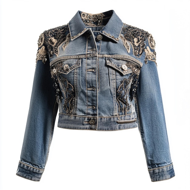 Photo stylish denim jacket with embellishments and a cropped fit