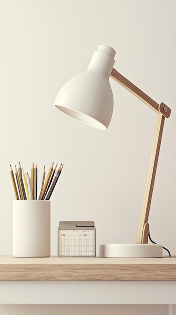 Photo a stylish desk setup featuring a white lamp pencil holder and calendar on a clean wooden surface ideal for workspace inspiration