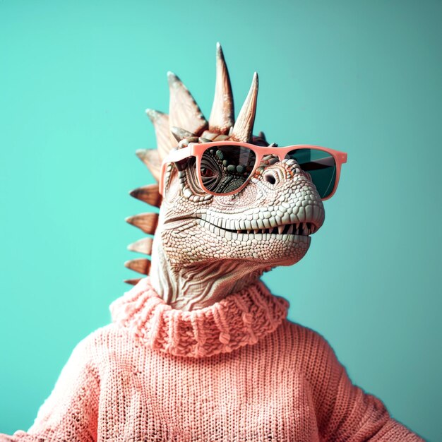 Photo stylish dinosaur in sweater and sunglasses posing for a portrait