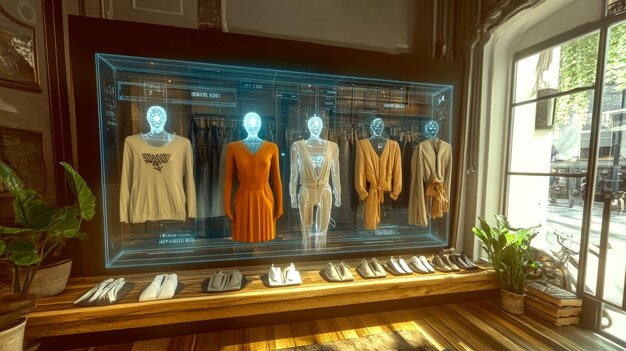 Photo a stylish display of clothing in a modern retail setting with holographic elements