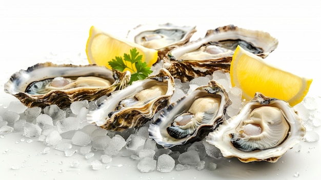 Stylish display of fresh seafood appetizers with oysters on ice and lemon wedges on white background