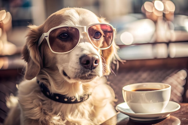 Stylish dog drinking coffee