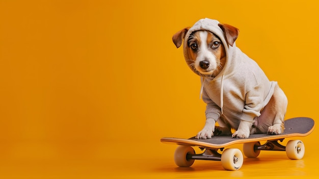 Stylish Dog in Hoodie on Skateboard Fun and Playful Pet Portrait Against Orange Background