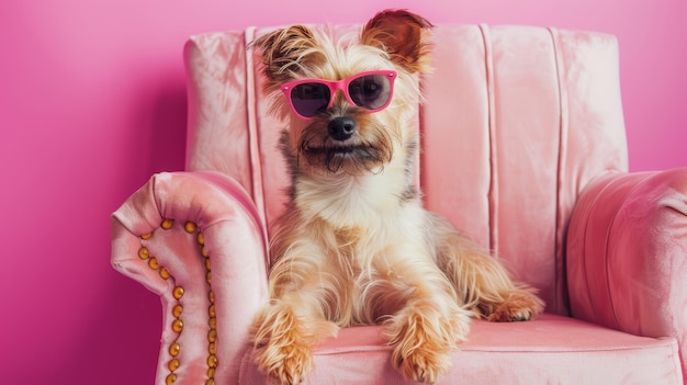 Photo a stylish dog lounges on a plush pink chair wearing matching pink sunglasses radiating an air of fun and chic sophistication