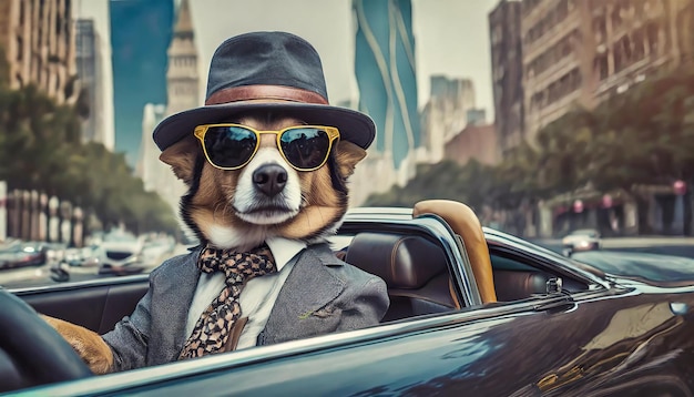 Photo a stylish dog wearing a hat and suit with sunglasses on driving an exotic car in a beautifu