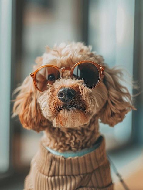 Stylish dog wearing round sunglasses and a cozy sweater showcasing a fashionable and adorable indoor