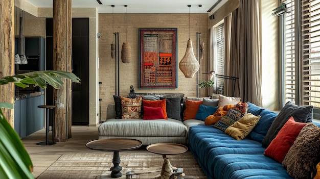 Stylish eclectic interior with a fusion of textures and cultural influences