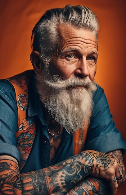 Stylish elderly bearded retired man in tattoos on bright colored background Generative AI