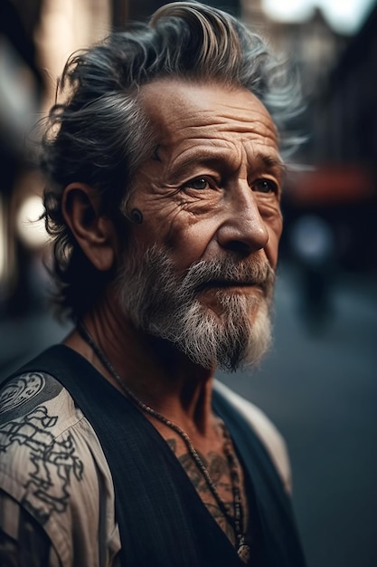 Stylish elderly bearded retired man in tattoos on street Generative AI