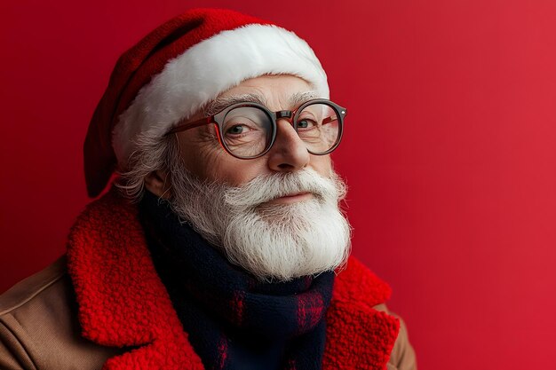 Stylish elderly man wearing Santa hat and glasses dressed warmly with red scarf against red wall