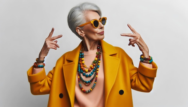 Stylish Elderly Woman in Coat with Matching Background Bold Fashion Statemen