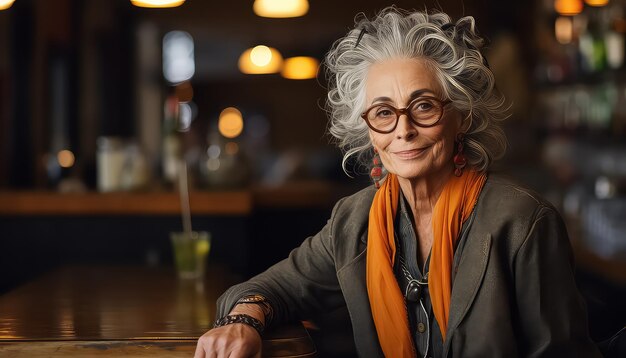 Stylish elderly woman in sitting bar