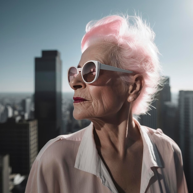 Stylish elderly woman with pastel hair and sunglasses overlooking cityscape from skyscraper rooftop