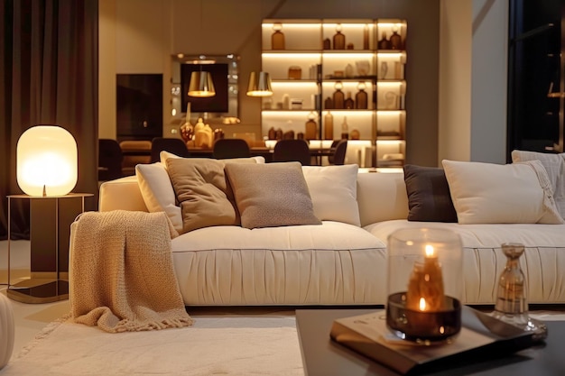 A stylish and elegant living room filled with furniture featuring a lit candle as a focal point