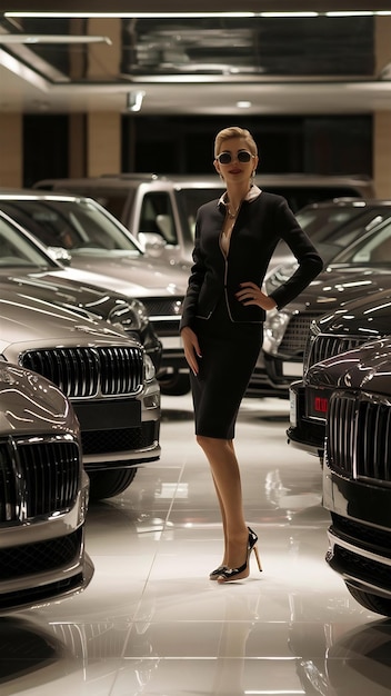 Stylish and elegant woman in a car salon