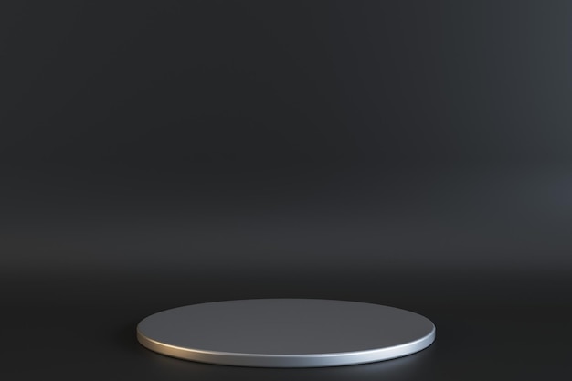 Stylish empty metallic round stand for presentation of your product on dark background 3D rendering mockup