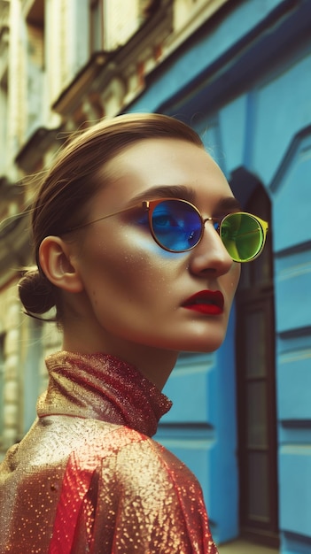 Photo stylish european woman with colorful sunglasses in urban setting