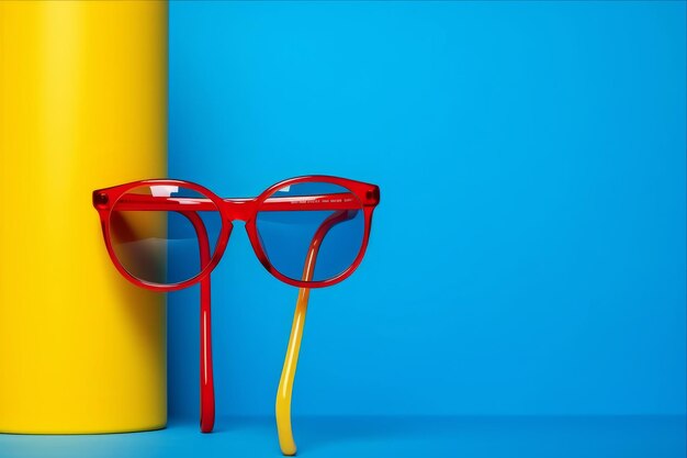 Photo stylish eyewear a vibrant composition of blue liquid and red glasses on a colorful studio backgroun