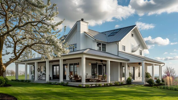 Photo stylish farmhouse with a spacious porch and spring blossoms