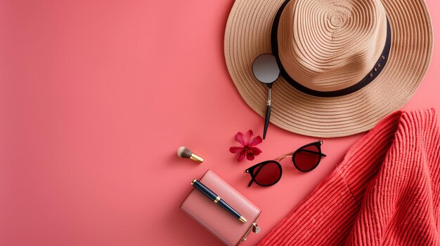 Stylish Fashion Blogger Flat Lay with Hat Sunglasses and Pink Towel on Pink Background