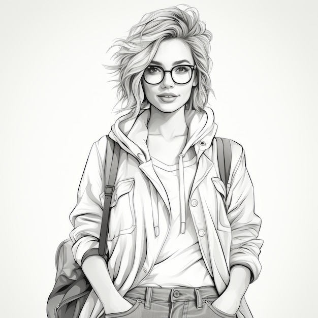 Stylish Fashion Chick With Glasses And Backpack Monochrome Ink Art