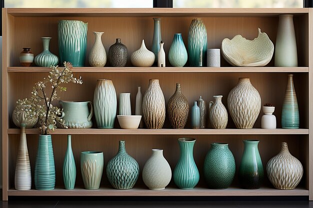 Stylish fashionable decor on the shelf at home vases and figurines