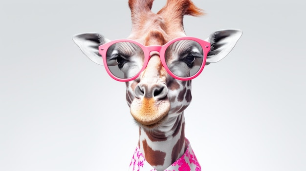 Stylish fashionable giraffe wearing pink glasses on a light gray background with copy space