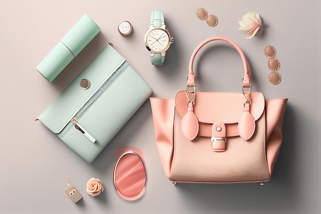 Stylish female bag and accessories on light background Fashionable concept generative ai