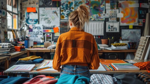 Stylish female fashion designer sketching new ideas in neat workspace