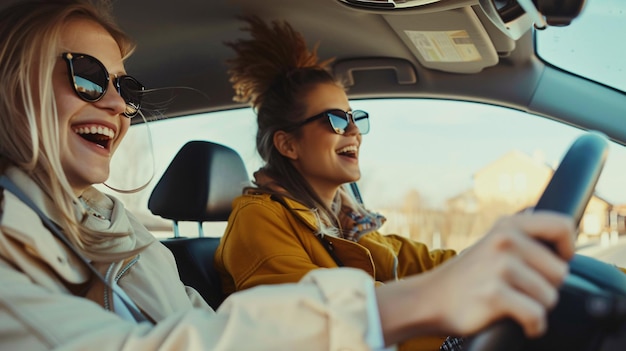 Photo stylish female friends driving on a urban road with one girl at the wheel and the other laughing beside her