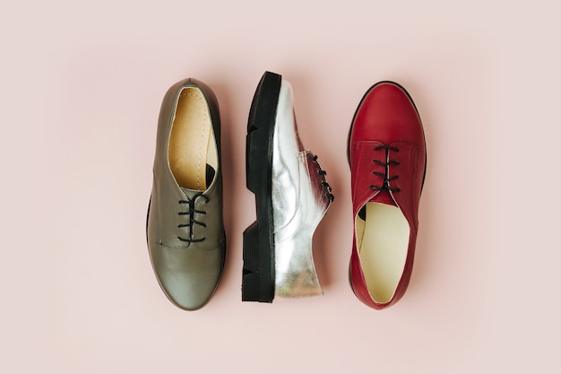 Stylish female spring or autumn shoes in various colors. Beauty and fashion concept. Flat lay, top view