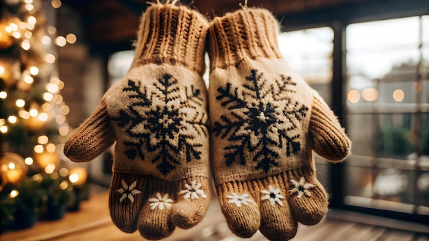 Photo stylish flat floating pair of winter mittens with snowflakes for cozy fashion promotions closeup