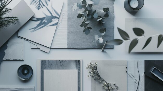 Photo a stylish flat lay featuring monochromatic stationery and decorations showcasing minimalistic and elegant design elements