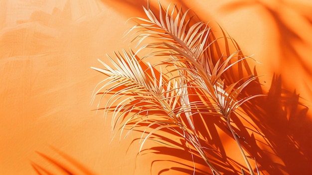 Photo stylish flatlay of dry palm leaf on vibrant orange background