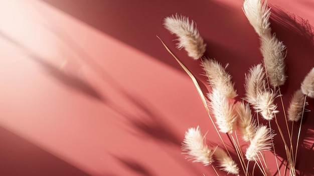 Stylish Flatlay with Dry Fluffy Bunny Tail Grass on Crimson Background