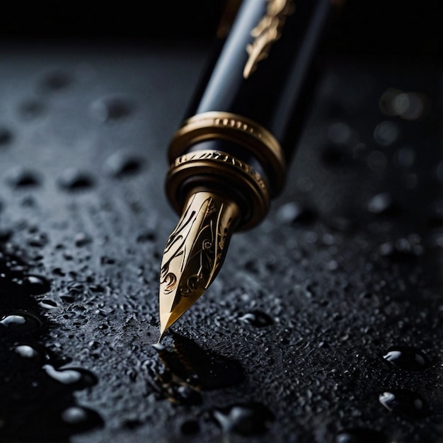 Stylish fountain pen on dark textured table top view Space for text