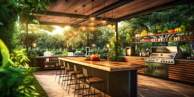 A stylish functional outdoor kitchen set within a beautifully landscaped garden for al fresco entertaining