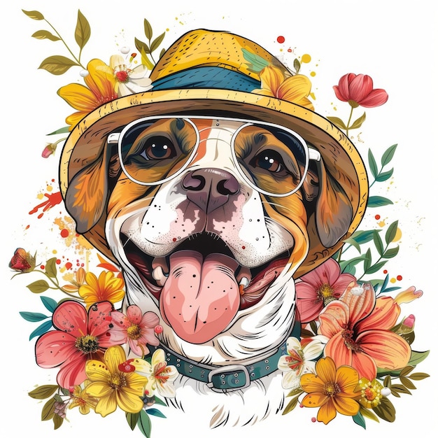 Photo stylish funny cute dog in a and stylish hat funny smiling with floral 2d cartoon illustration on a white background