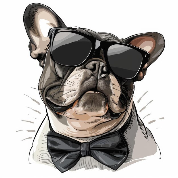 Photo stylish funny dog breeds in a bow tie with sunglasses and funny smiling 2d cartoon illustration on a white background