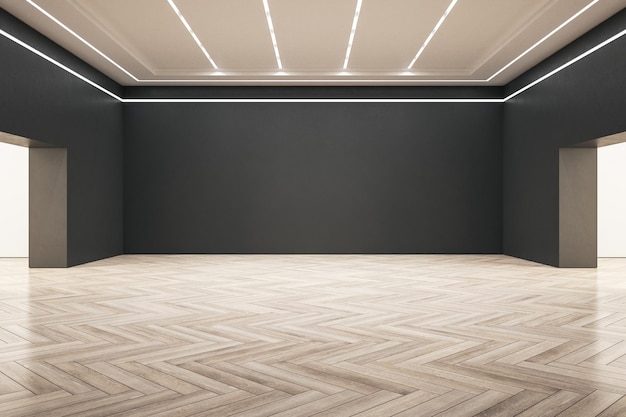 Stylish gallery interior with empty black wall and wooden floor