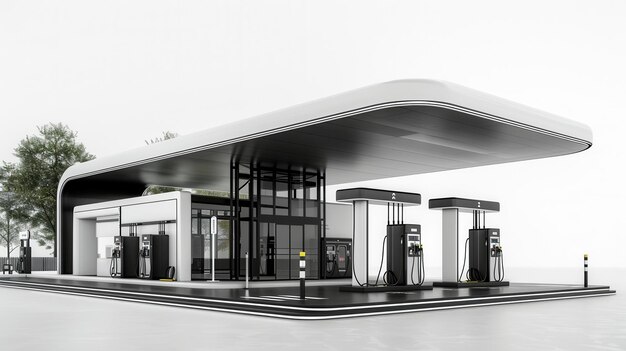 Photo stylish gas station featuring a sleek black and white fuel dispensing design set against a bright white background generative ai