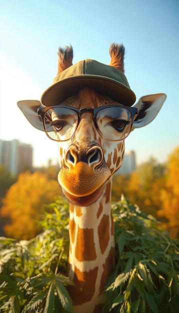 A stylish giraffe wearing glasses and a cap amidst colorful autumn foliage in a city park