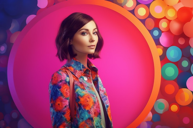 Stylish girl in fashion clothes on bright colours circle on background