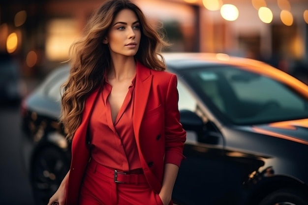 Stylish girl in luxurious red business suit stepping out of a car AI