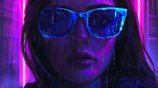 Stylish Girl in Neon Glow with Futuristic Blue Cyberpunk Sunglasses Portrait Look